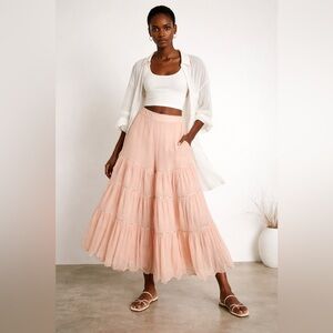 Boho Coquette Girl Baby Pink Tiered Wide Leg Feminine Stretchy Culotte Gauchos